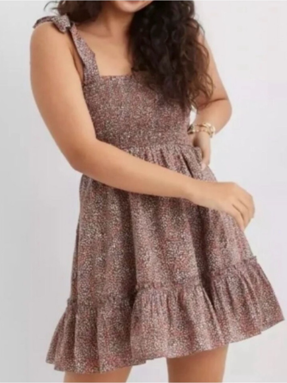 aerie multi color women’s Floral Tie-Shoulder Smocked Mini Dress Sz ZS comfy